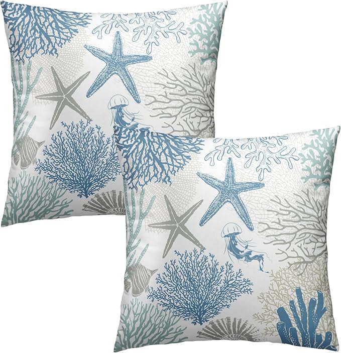 Coastal Nautical Throw Pillow Cover 18x18 inch Set of 2 Beach Themed Sea Coral - Image 2