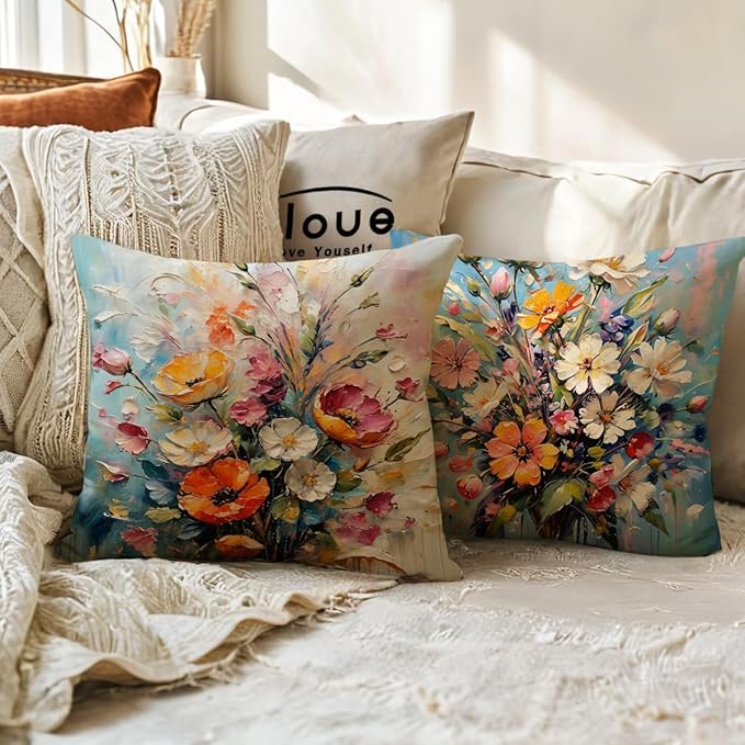ULOVE LOVE YOURSELF Decorative Throw Pillow Case Oil Painting Floral Cushion - Image 5