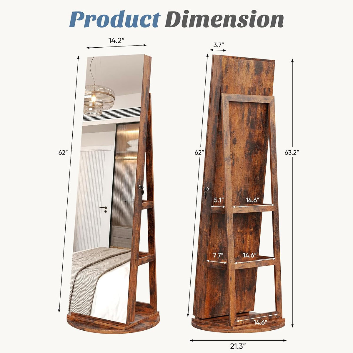olixis 360° swivel jewelry cabinet with light, lockable, close-up detail