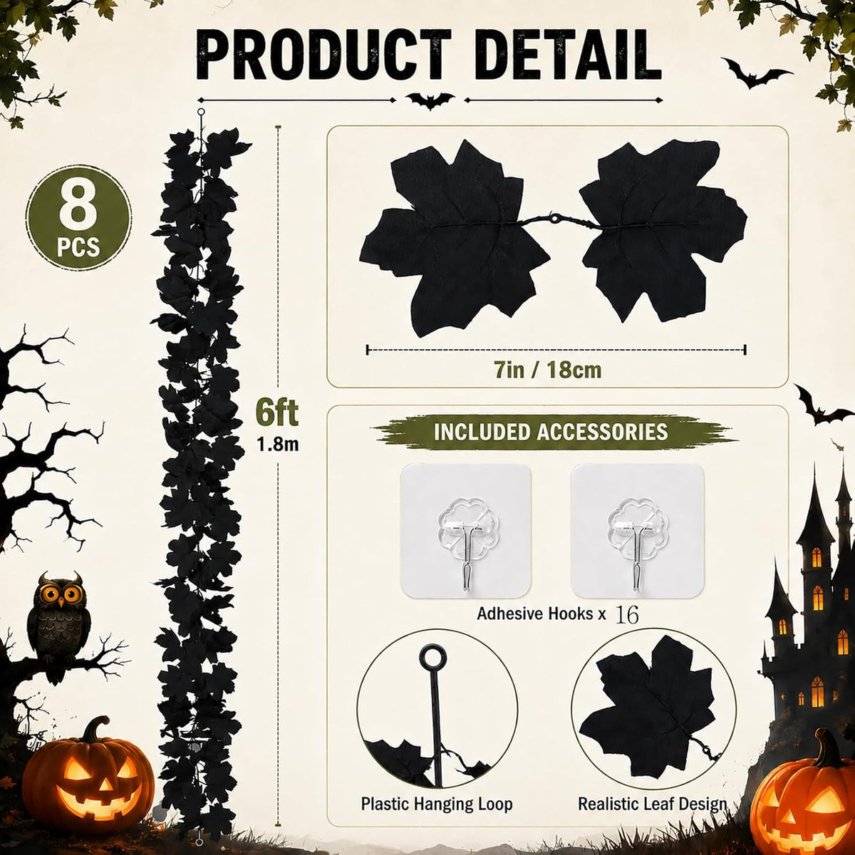 48FT Black Halloween Garland 8pcs Maple Leaf, Table Mantel Gothic Decor