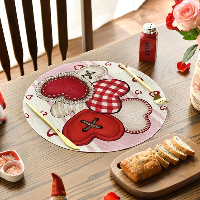 Artoid Mode Heart-Shaped Buttons Valentine Round Placemats Set of 4, 14 Inch - Image 6