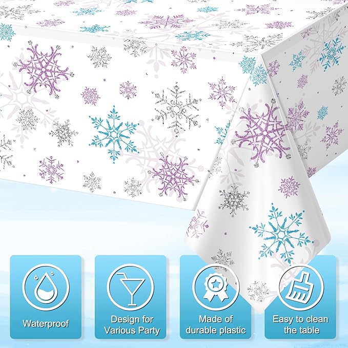 3 Pieces Christmas Snowflake Party Tablecloth Decorations, Plastic Purple and - Image 3