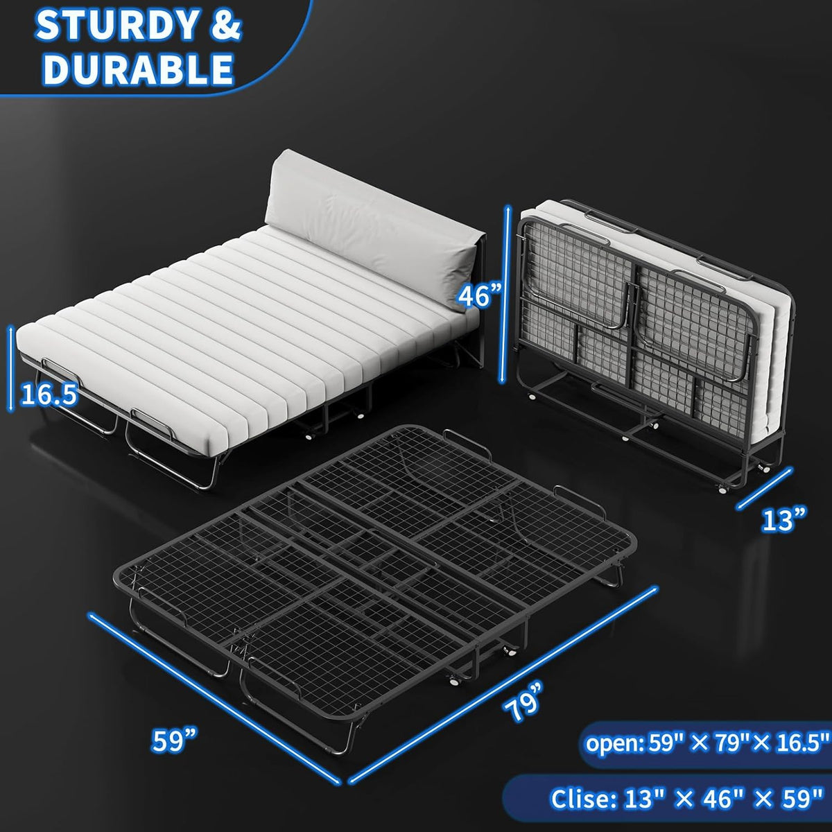 79"x59" folding bed with 5" memory mattress, queen shown in use