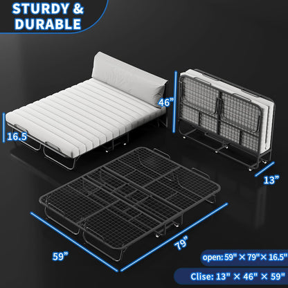 79"x59" folding bed with 5" memory mattress, queen shown in use