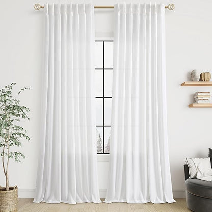 Soft White Pinch Pleat Linen Curtains 120 Inch Length 2 Panels Set - Image 9