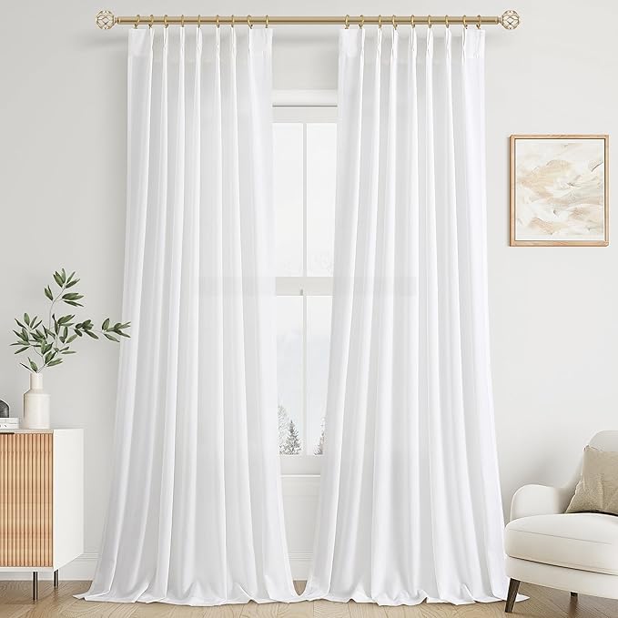 White Pinch Pleated Linen Curtains 96 Inches Long 2 Panels by Aersas