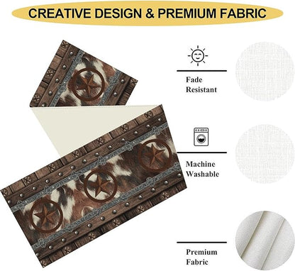 Western Table Runner, Rustic Texas Star Brown Cow Print Skin Cowhide Farmhouse - Image 5