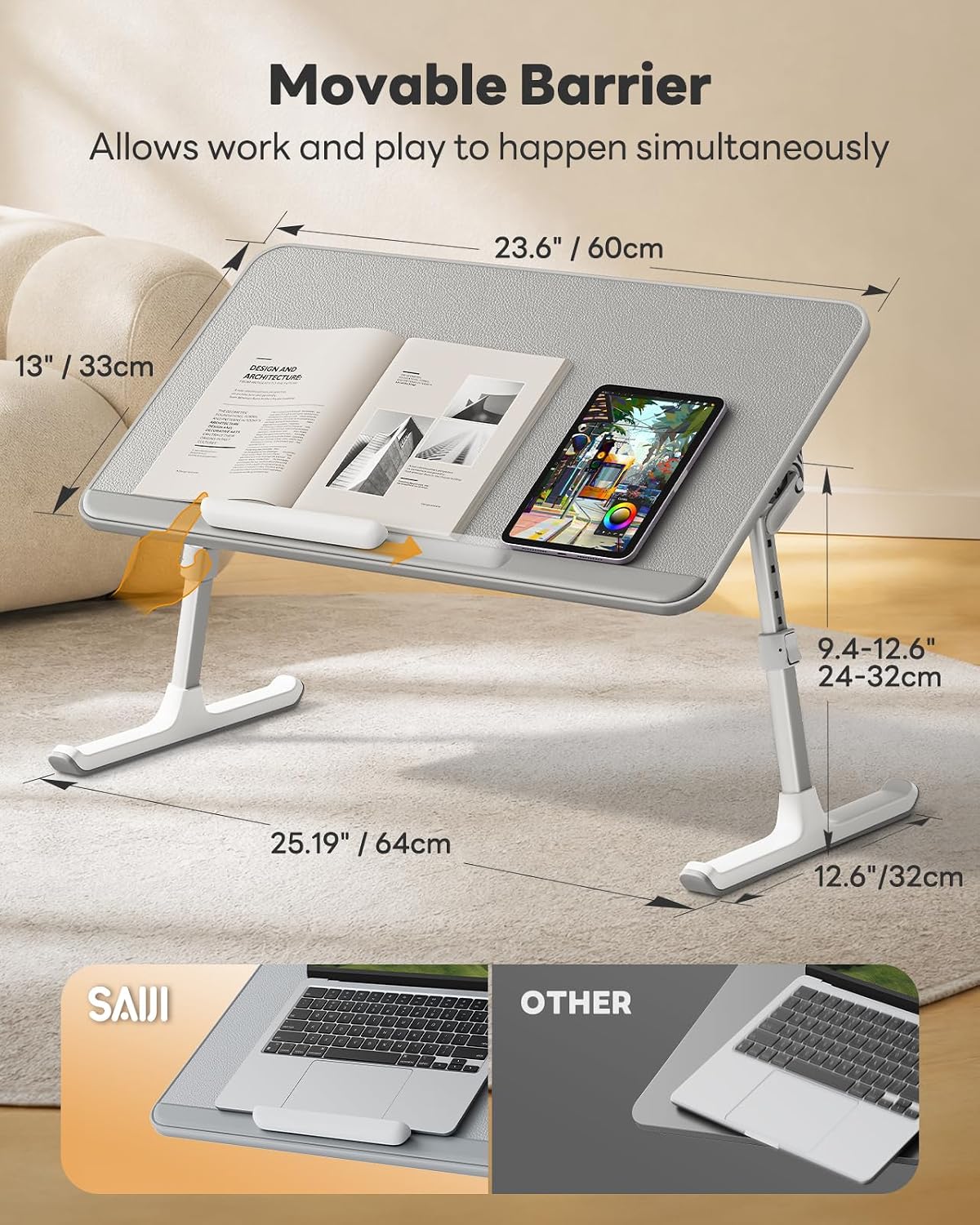 saiji non-slip leather laptop bed tray table,lap desk, side view