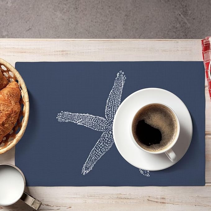 Summer Coastal Placemats Set of 4, Beach Theme Ocean Navy Blue Starfish - Image 6