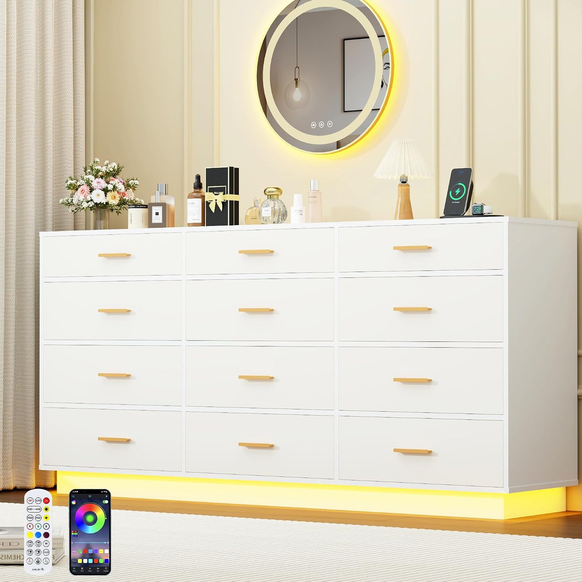 12 drawers dresser w/power outlets for bedroom, 63inch, close-up detail