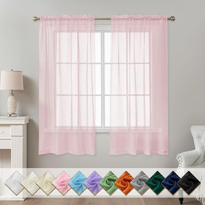 Pink Sheer Curtains 63 Inch Length, Privacy Semi Sheer Curtains by ABLUEN