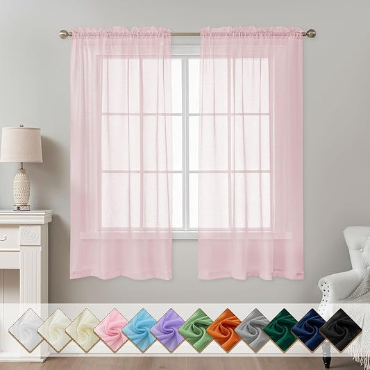 Pink Sheer Curtains 63 Inch Length, Privacy Semi Sheer Curtains by ABLUEN