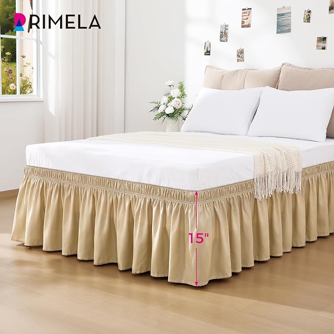 RIMELA Beige Bed Skirt King Size 15 Inch Drop, Wrap Around Elastic Bedskirt - Image 3