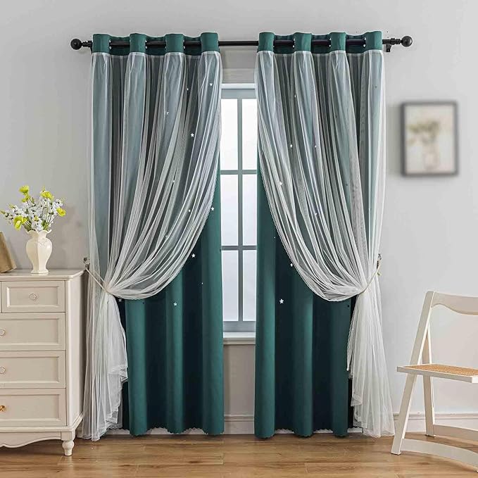 Anytime Romantic Kids Curtain, Hollow-Out Stars Window Curtain Double Layer by Anytime