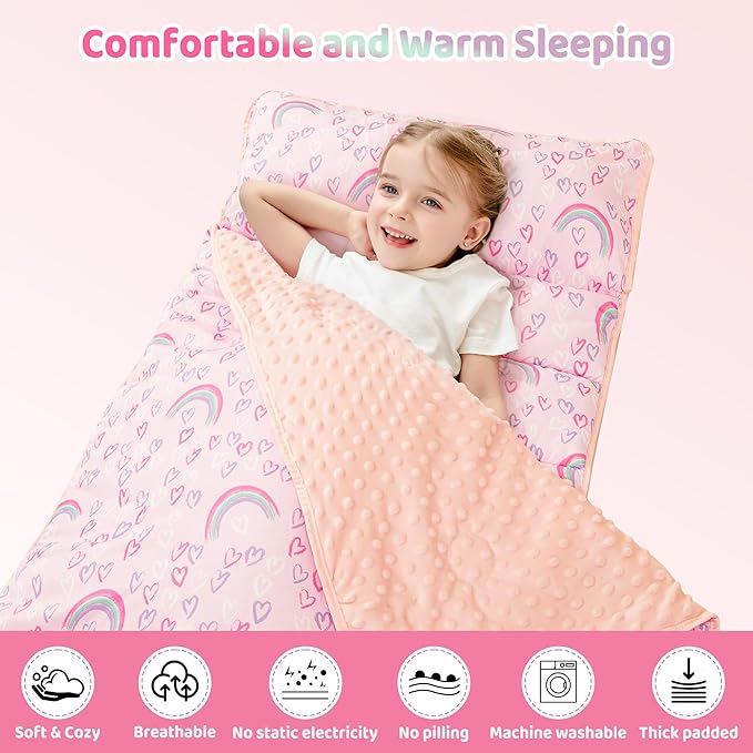 Viviland Toddler Kid Nap Mat for Preschool, Girls Pink Rainbow Slumber Bag - Image 6
