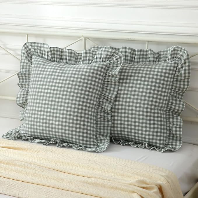 2 Pack Vintage Dusty Green Plaid Ruffle Throw Pillow Covers, Washed Cotton by Mywinlle