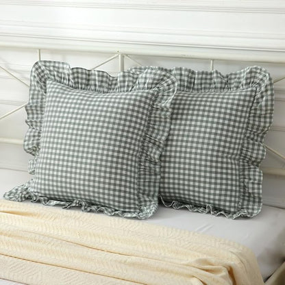 2 Pack Vintage Dusty Green Plaid Ruffle Throw Pillow Covers, Washed Cotton by Mywinlle