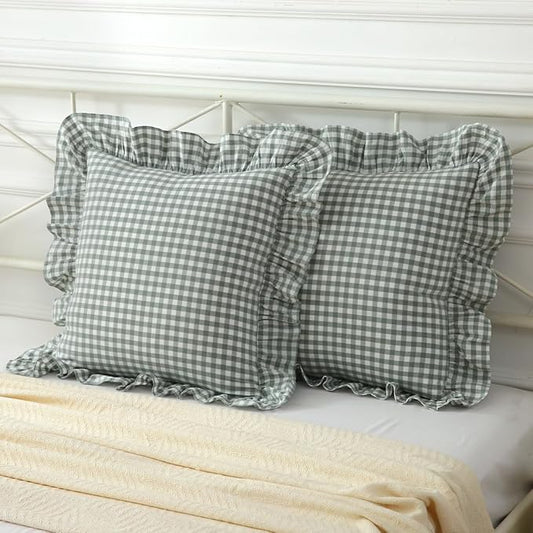 2 Pack Vintage Green Plaid Ruffle Euro Shams, Washed Cotton Checkered Gingham by Mywinlle