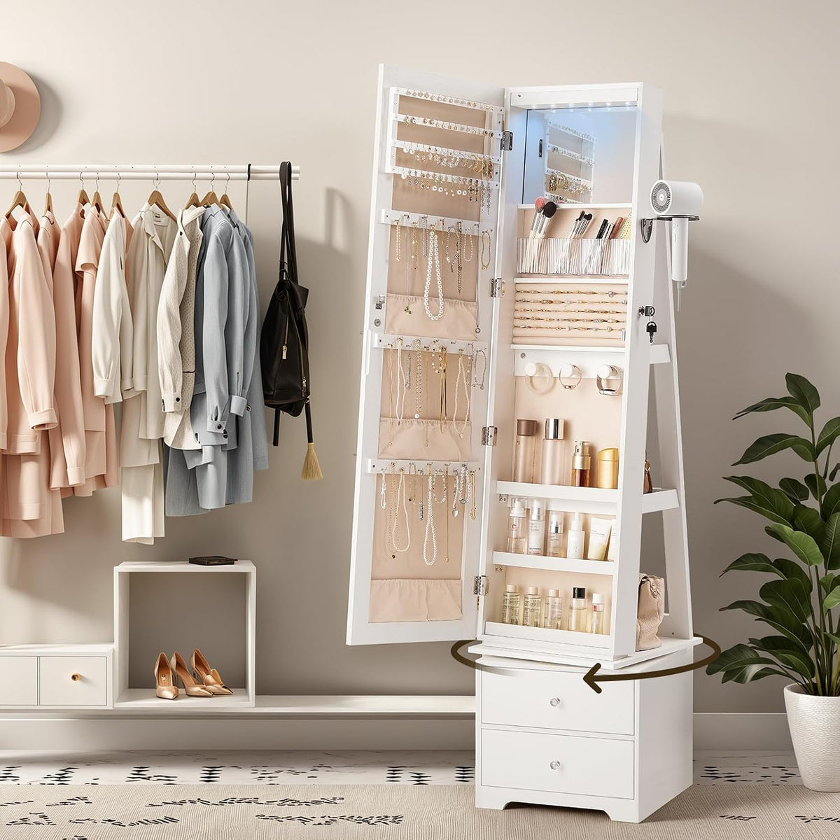 hoobro 360° swivel jewelry cabinet with led lights, close-up detail