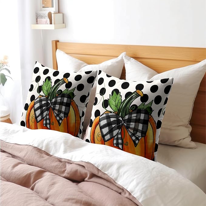 Fall Outdoor Pillows Covers 20x20 Inch Set of 2 Orange Pumpkin Black Polka Dot - Image 8
