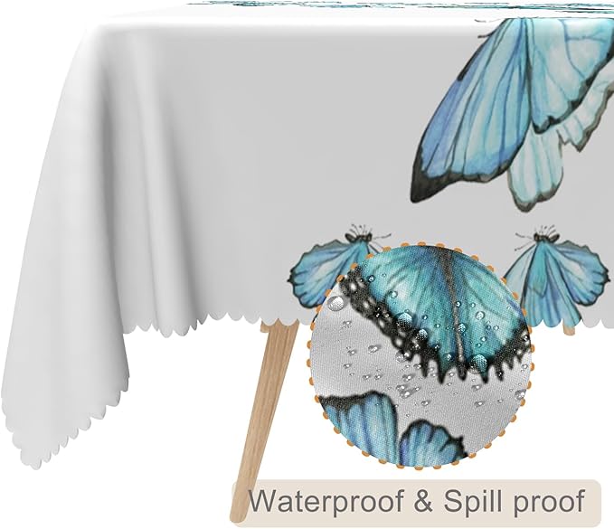 70x90inches Blue Butterfly Rectangle Table Cloth Nature Butterflies White - Image 2