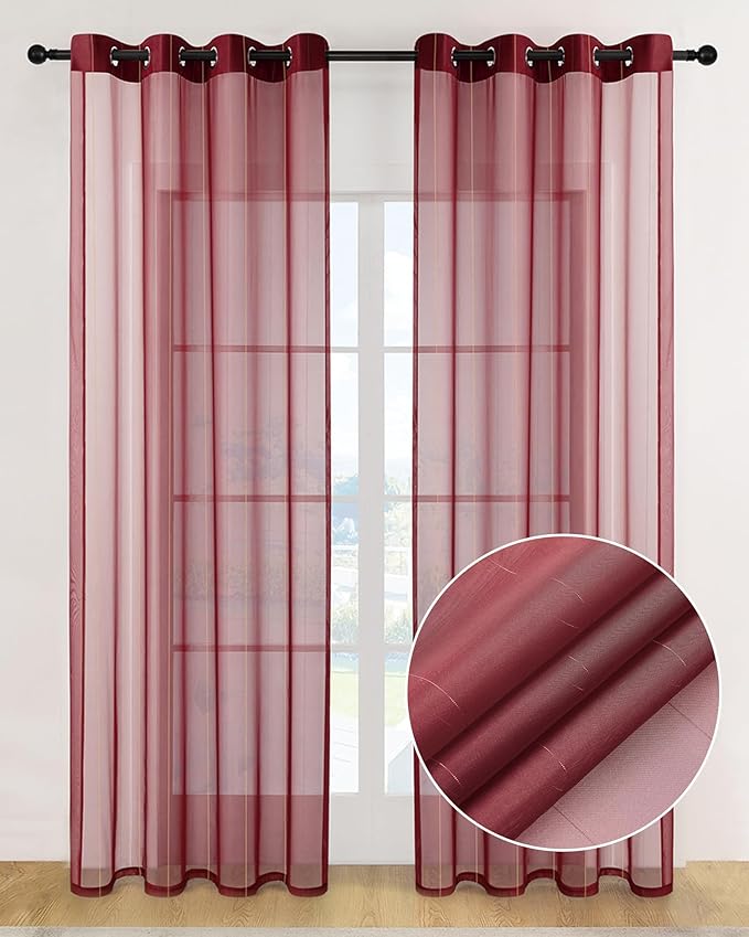 Foil Stripe Burgundy Sheer Curtains 84 inches Length 2 Panels by MISSTIAM