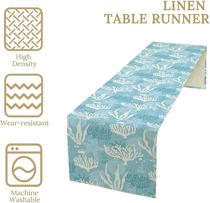 Ocean Seaweed Coral Table Runner Beach Blue Nautical Starfish Coral Table Runner - Image 4
