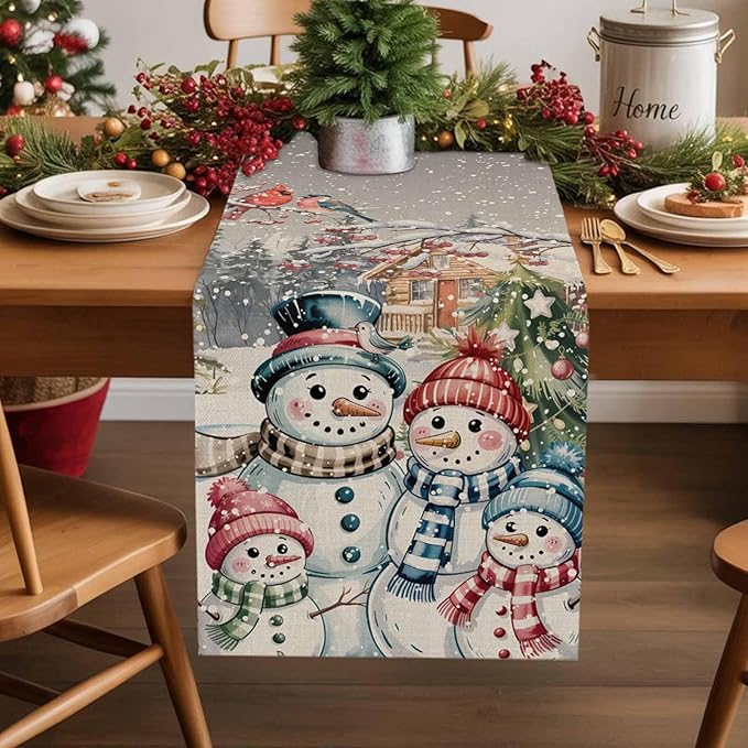 Christmas Table Runner, 13x72 Inch, Snowman Family Table Runners Pine Tree Snow by Unknown