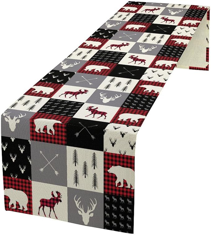 Farmhouse Bear Deer Table Runner, Retro Rustic Village Buffalo Plaid Table by Unknown
