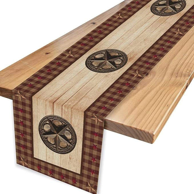 Western Table Runner, Rustic Texas Star Wooden Plank Buffalo Plaid Farmhouse - Image 4
