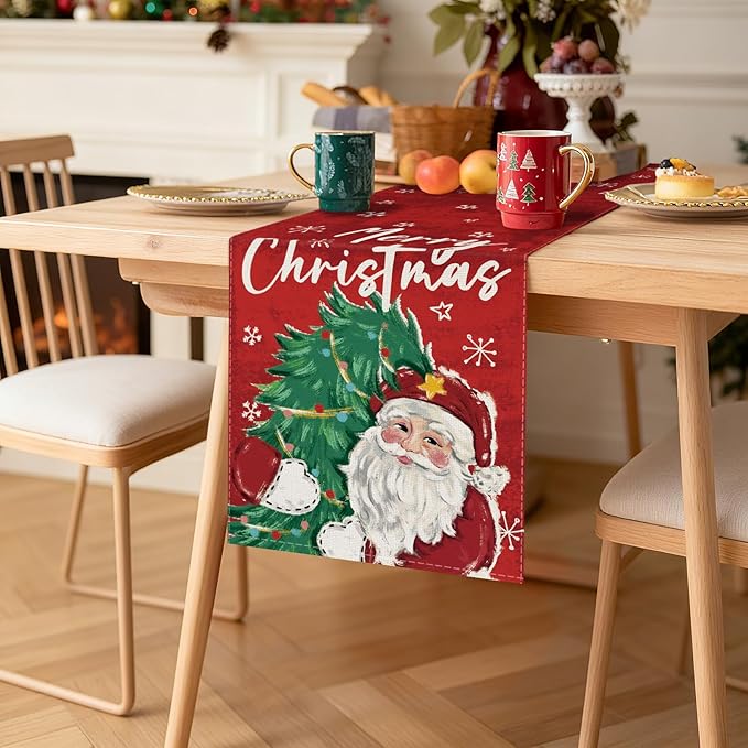 OTOSTAR Christmas Tree and Santa Claus Merry Christmas Table Runner, Xmas - Image 8