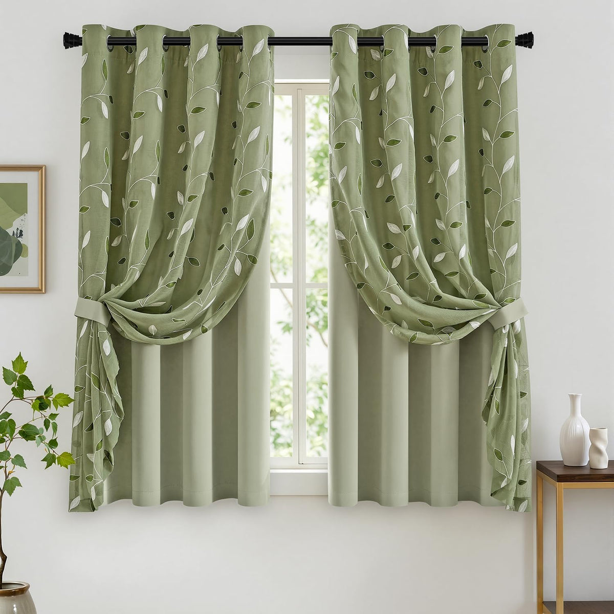 miulee sage green double layer patterned blackout curtains, main product view