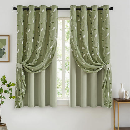 miulee sage green double layer patterned blackout curtains, main product view