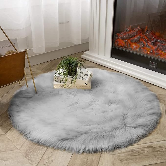 Latepis Round 3ft Small Fur Rug Grey Fluffy Faux Sheepskin Cute Circle Rugs - Image 7