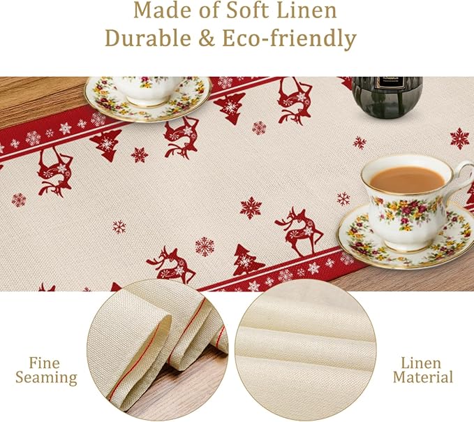 Merry Christmas Table Runner, Snowman Deer Snow Linen Table Runners, Snowflake - Image 5