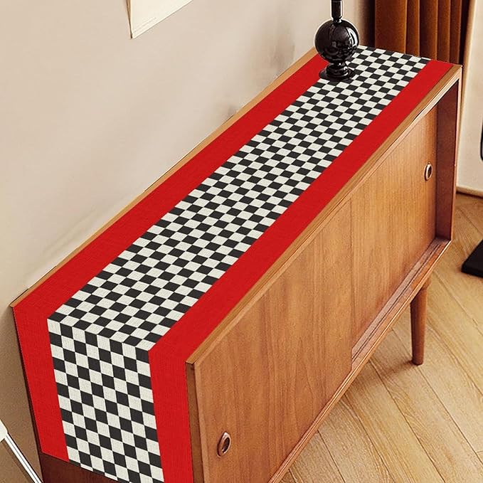 Race Car Table Runner, Kids Themed Race Track Black and White Checked Table - Image 3