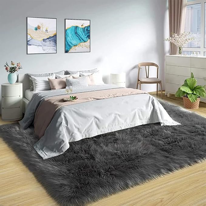 Latepis Large Rugs for Bedroom Dark Grey 6.7x10 Faux Sheepskin Fur Rug for - Image 2