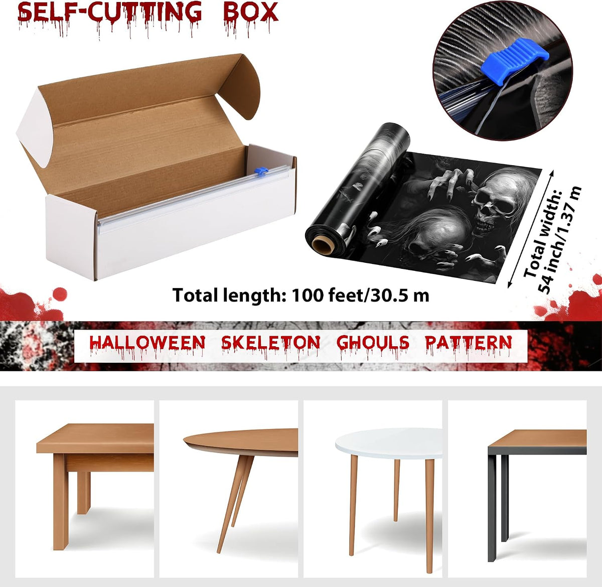 Kochorie 100 Ft x 54 Inch Halloween Graveyard Skeleton Tablecloth Roll with Cutter Box Waterproof Plastic Horror Theme Skeleton Ghouls Photography Backdrop for Halloween Spooky Party Decor