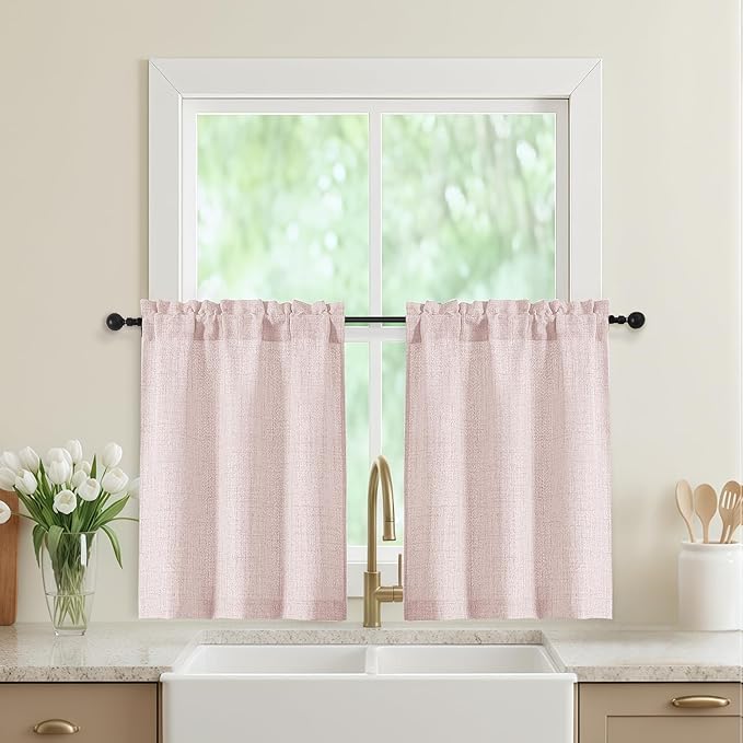Blush Pink Kitchen Curtains 30 Inch Length 2 Panels, Light Filtering Farmhouse by WelvetBLK