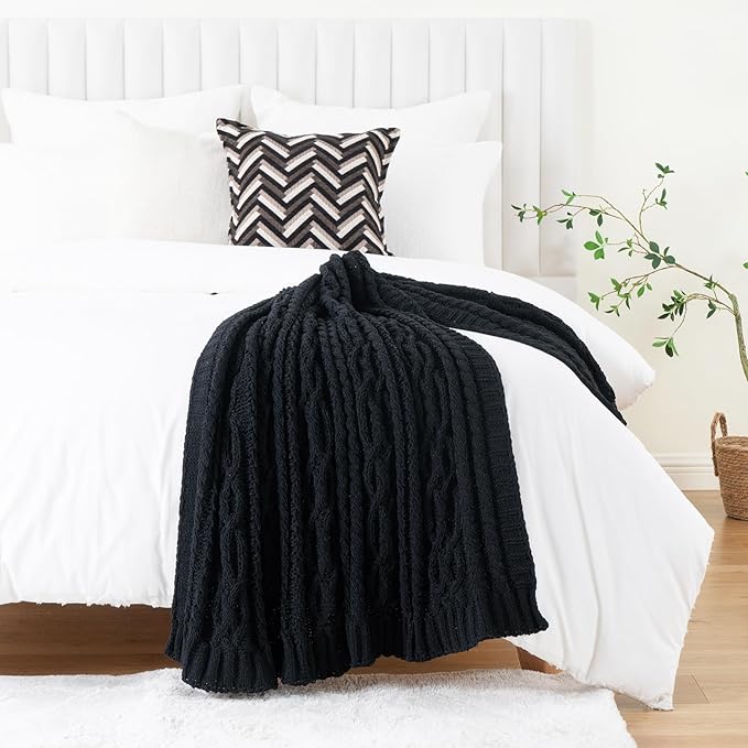 Battilo Black Throw Blanket for Couch, Cable Knit Blanket for Bed, Home Decor - Image 3