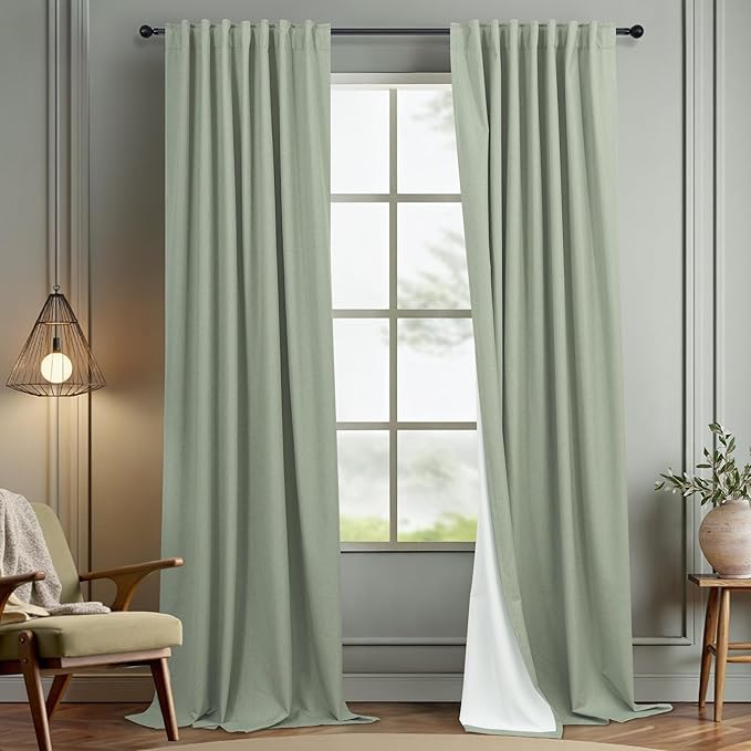 Sage Green Linen Curtains 108 Inches Long 2 Panel Set 100% Blackout Insulated by DANCURTON