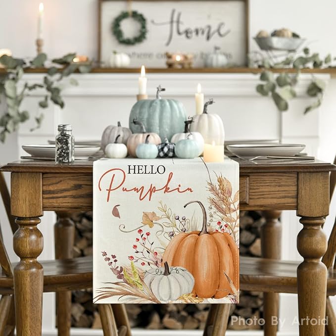 Artoid Mode Hello Pumpkin Flowers Leaves Thanksgiving Table Runner, Seasonal - Image 2
