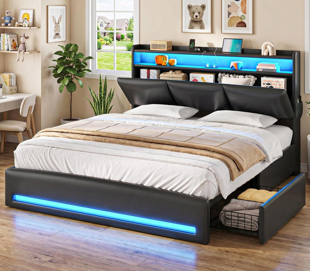 MSmask Queen Bed Frame with 2-Tier Storage Headboard, LED Bed Frame Queen Siz...