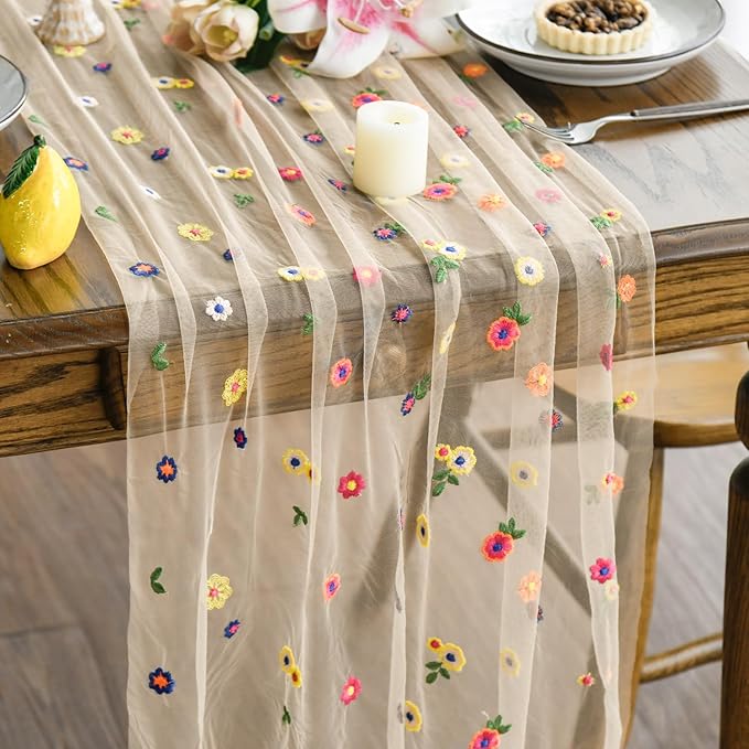 Artoid Mode 3PCS Champagne Embroidery Daisy Gauze Table Runner 120 Inch 10FT by ArtoidMode