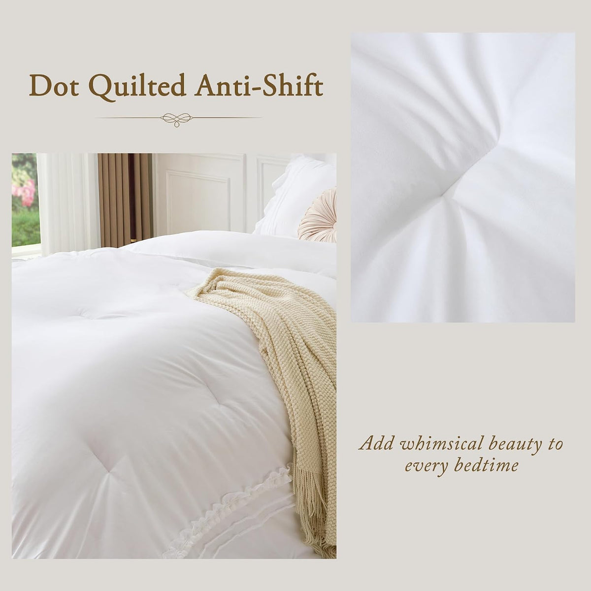 bdeus white ruffle comforter set full size, 3 on a desk or shelf