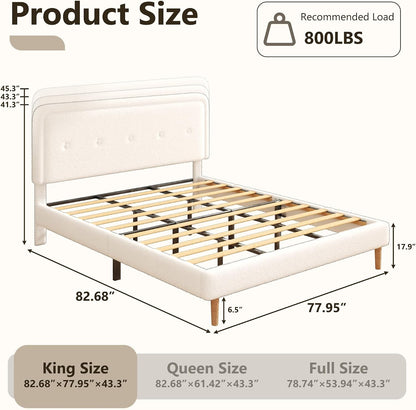 king size boucle bed frame with adjustable headboard shown in use