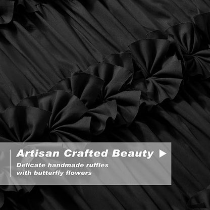 Black Blackout Curtains with Handmade Ruffles, Butterfly Flower Embellishments - Image 2