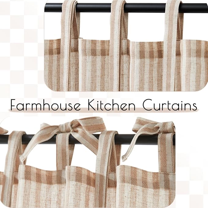 jinchan Tie Top Linen Kitchen Curtains 36 Inches Striped Tier Curtains - Image 6
