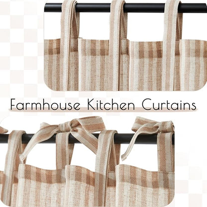 jinchan Tie Top Linen Kitchen Curtains 36 Inches Striped Tier Curtains - Image 6
