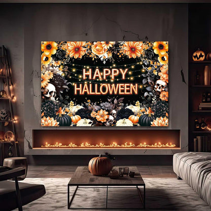 8x6ft Floral Happy Halloween Backdrop Spooky Flower Skull Photography Background Large Black Orange Halloween Party Decorations Wall Banner Indoor Outdoor Photo Booth Props